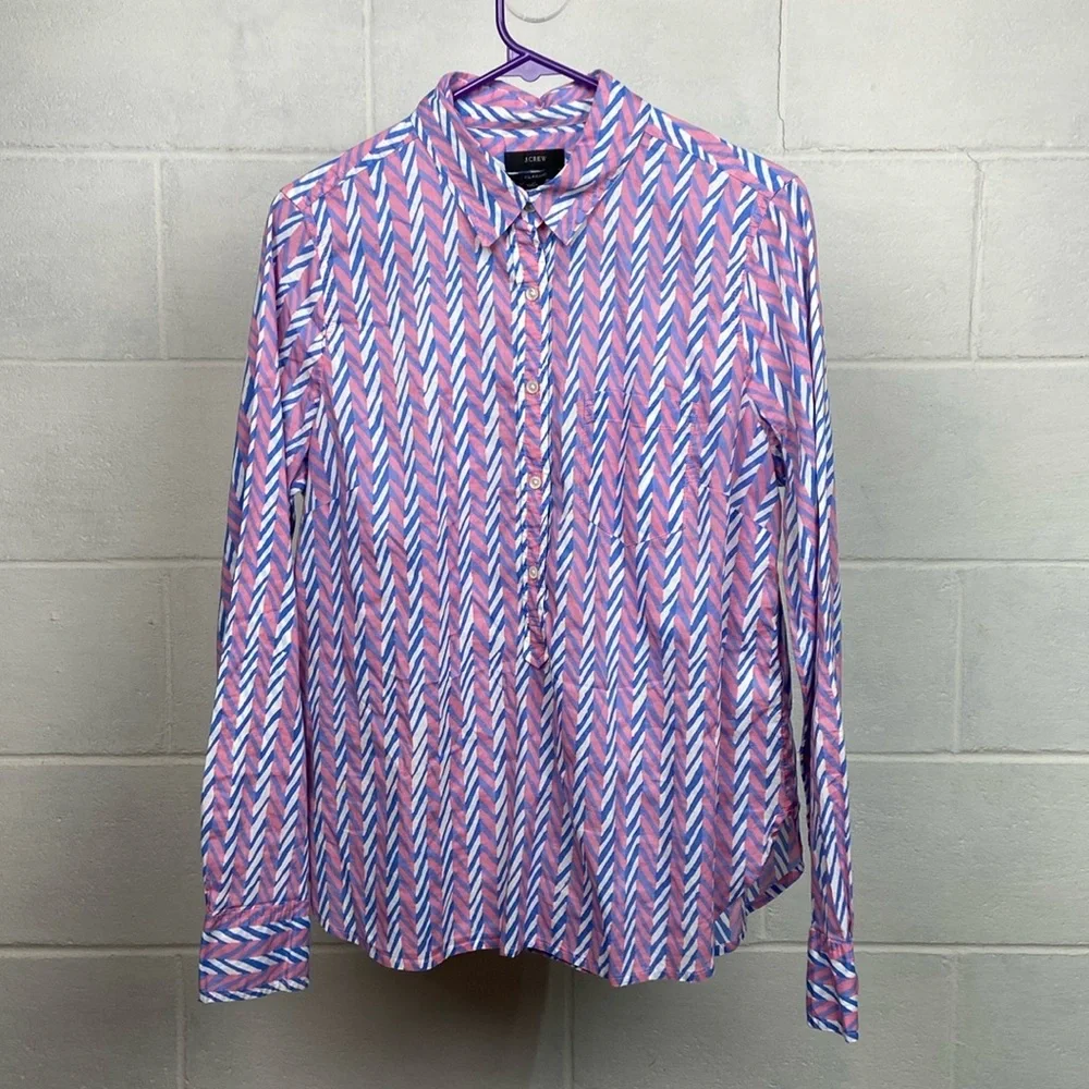 J. Crew Re-imagined Women's Classic‎ Popover Long Sleeve Blouse Medium Blue/Pink